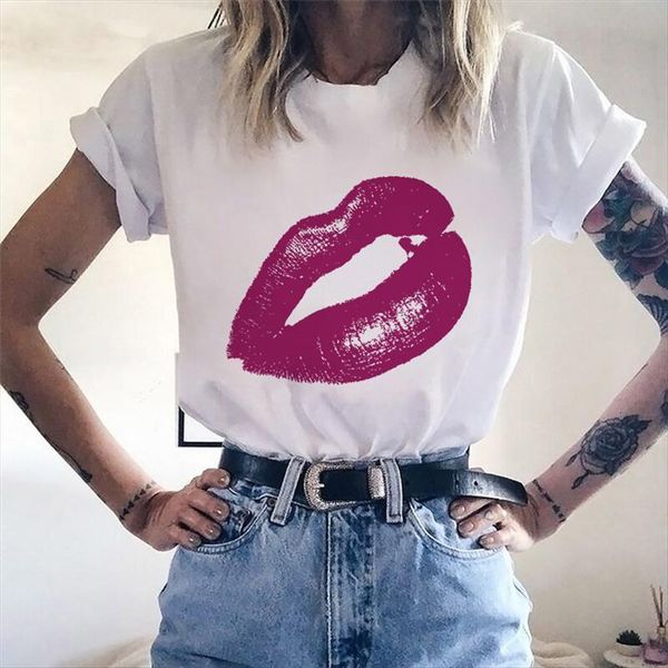 

summer fashion lips print women white round neck short sleeve casual tee ladies
