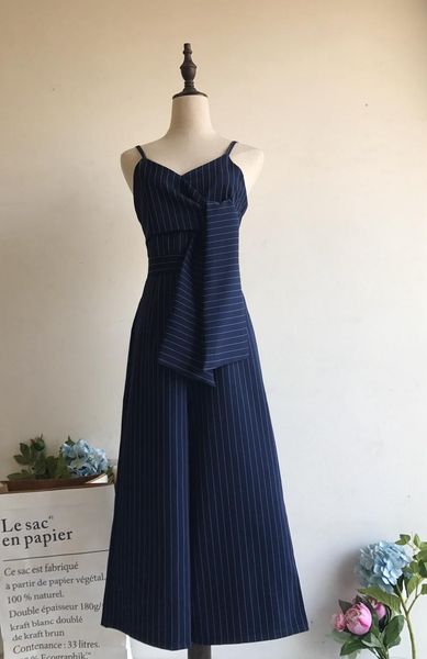 

women's jumpsuits & rompers v-neck sun-high waist thin knotted striped office lady, Black;white
