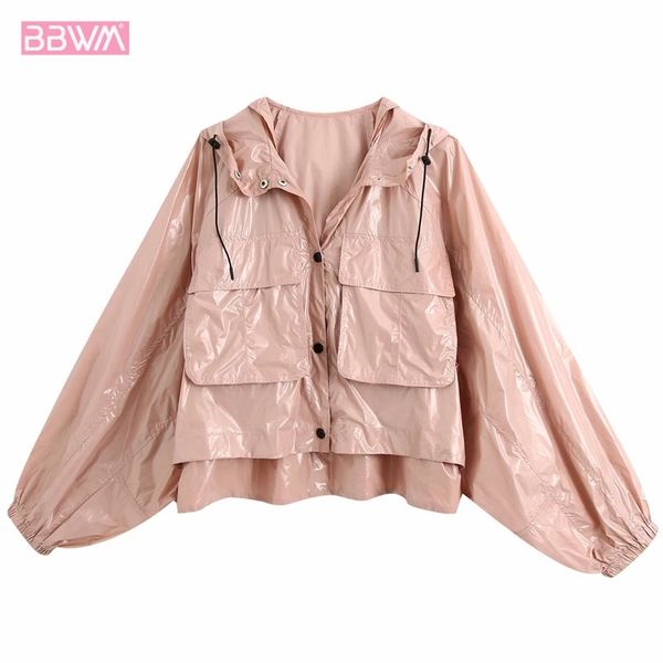 

pink shiny hooded casual vacation loose chic women's jacket korean fashion and elegant big pocket female coat 210507, Black;brown