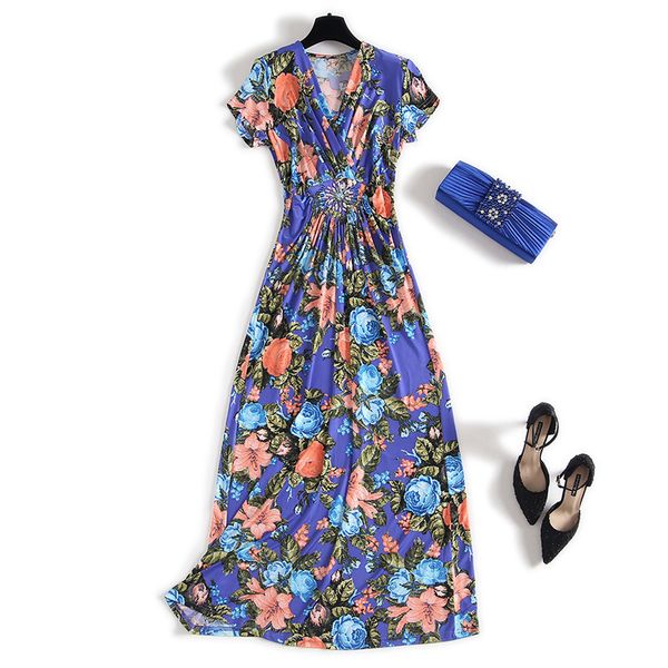 

casual dresses summer sleeveless v neck blue floral print beads mid-calf dress elegant mhl171621 cgyh, Black;gray