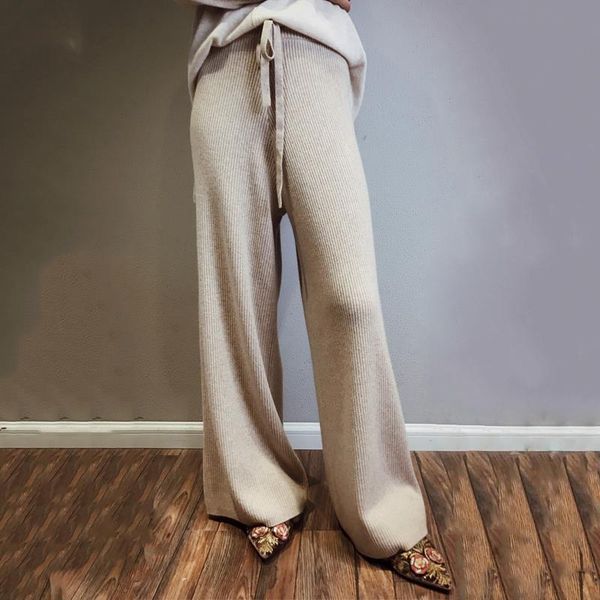 

autumn winter 2021 women's high waist pure color cashmere pants wide leg loose and thin, ancient & capris, Black;white