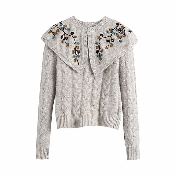 

women retro sweet flower embroidery lapel sweater female simplicity long sleeve pullover chic 210520, White