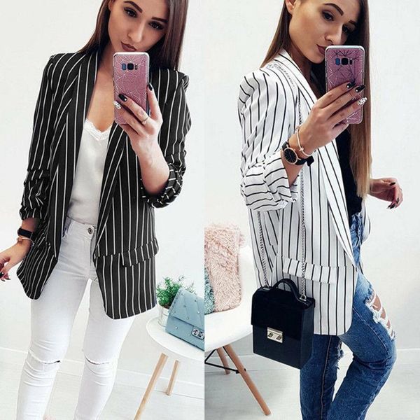 

women's suits & blazers fashion women females casual black white striped stylish slim long blazer office lady worker woman clothes, White;black