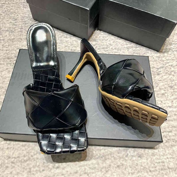 

fashion weave high heels shoes slippers women slipper leather luxury designer ladies street beach slides sandals, Black