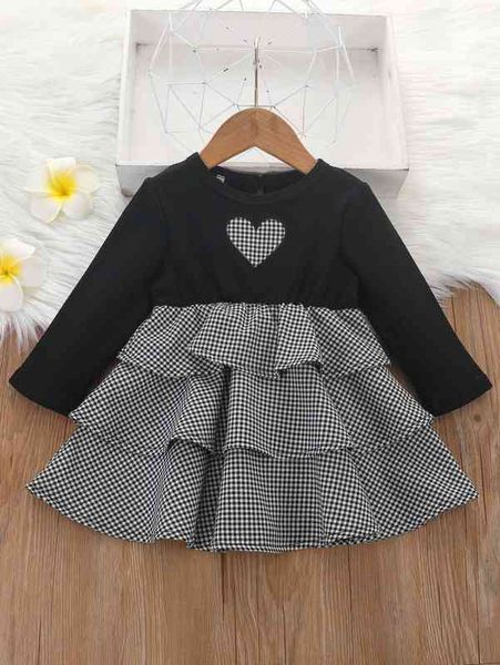 

baby gingham heart embroidery layered ruffle hem dress she, Red;yellow