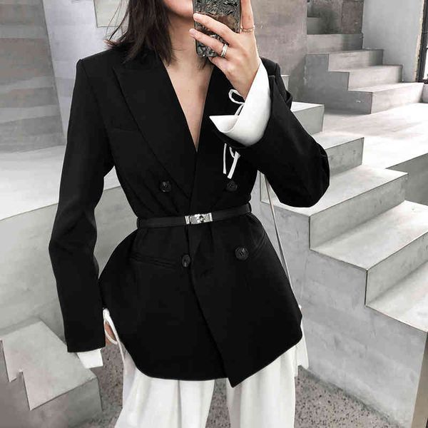 

[eam] women black cuff bandage temperament blazer new lapel long sleeve loose fit jacket fashion tide spring autumn 1t476 201009, White;black
