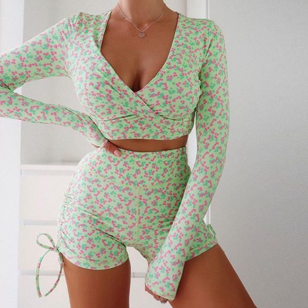 

yoga outfit sport set jogging suit for femme running gym clothing print floral long sleeve shirring sports shorts fitness sets