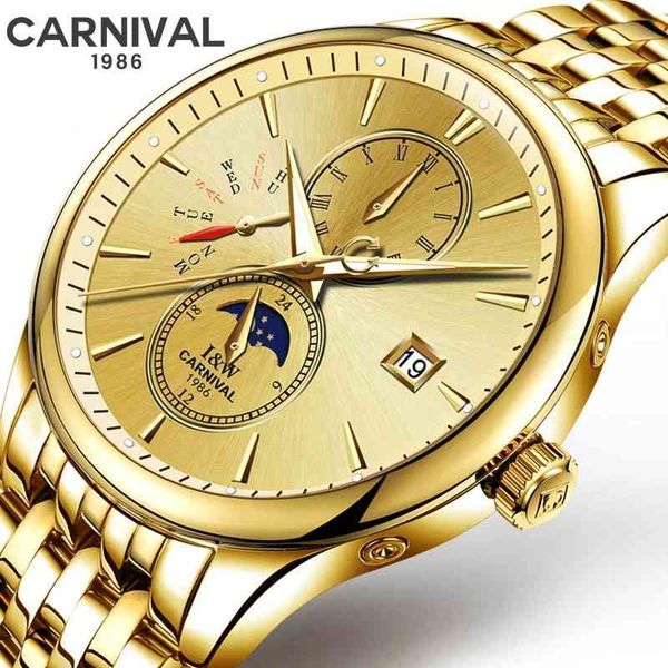 

carnaval fashion gold automatic watches men luxury trademark waterproof lighting business mechanical 2021 relogio masculino, Slivery;brown