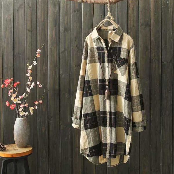 

retro long spring autumn casual loose full cotton linen plaid shirt all match cardigans women 210615, White