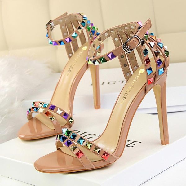 

sandals summer women high heels shoes fashion rivet ankle buckle pump female party wedding ladies plus size 34~40, Black