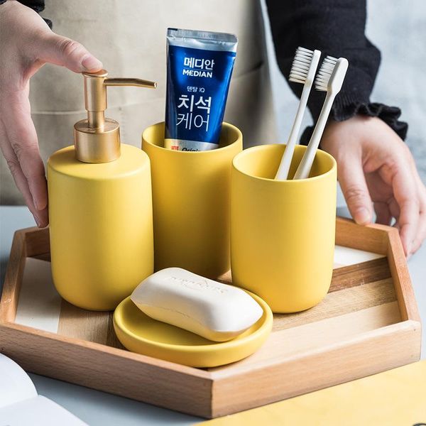 

bath accessory set 3/4pcs ceramic bathroom accessories pure color soap dispenser pump bottle home couple mouthwash cup dish washing tools