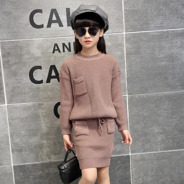 

clothing sets teen girl clothes autumn winter kids long sleeve knitted sweater+skirt 2pcs outfits for girls children casual suit, White