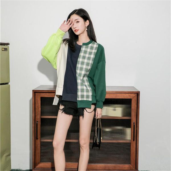 

women's hoodies & sweatshirts loose fit plaid stitch oversized sweatshirt round neck long sleeve women big size fashion tide spring 202, Black