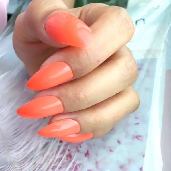 

short false stiletto nails for design shiny orange artificial fake fingernail diy full cover tip manicure tools p442e1, Red;gold