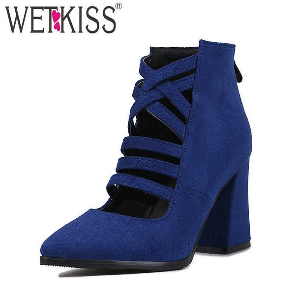 

wetkiss plus size 32-46 high heels ankle boots women pointed toe footwear flock femal boot cross tied shoes women sping 210630, Black