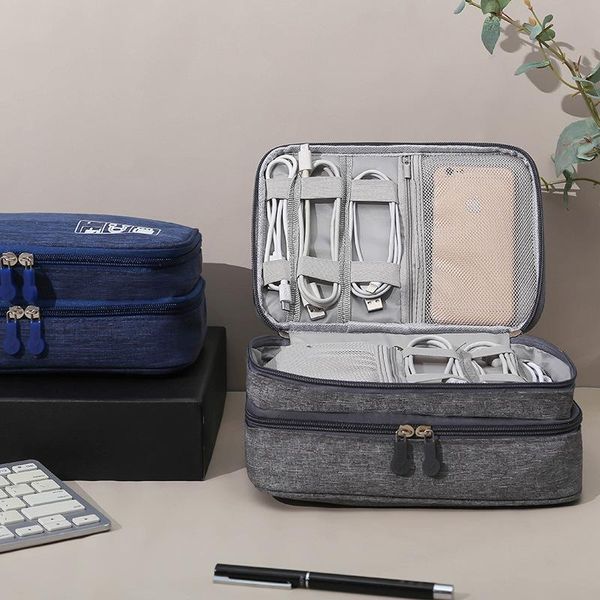 

storage bags double-layer travel digital bag multi-function cable gadget charging earphone box cotton and linen material
