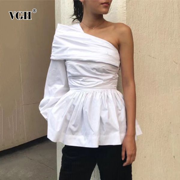 

vgh solid color asymmetrical one shoulder shirt for women ruched ruffle skew collar female spring fashion new clothing 210421, White