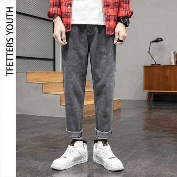 

men jeans tfetters 2021 new korean street style vallen wijde pipe loose mid right broek trend 's brand, Blue