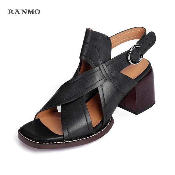 

sandals genuine leather women shoes square high heels gladiator retro ladies office footwear 2021 summer, Black