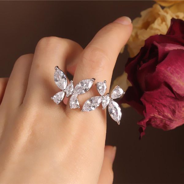 

cluster rings korean fashion jewelry exaggerated copper zircon three-dimensional butterfly opening female index finger prom party ring, Golden;silver