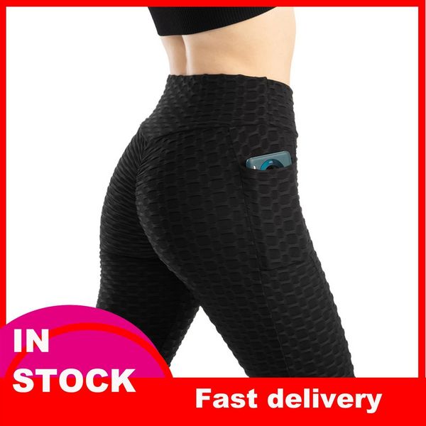 

4 bubble honeycomb high women leggings elastic hip skinny pocket lifting slim and sweat pantalones de mujer, Black