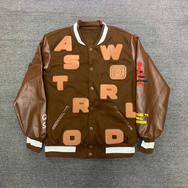 

mens jacket leather sleeve smile earth embroidery v neck padded coats men's fashion autumn winter thick baseball casual outwear, Black;brown