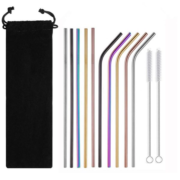 

drinking straws 12/10pcs set 304 stainless steel reusable beverage milk tea coffee straw cleaning brush flannel bag portable