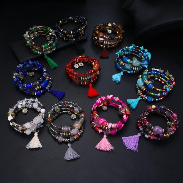 

vintage tassel resin stone charm bracelets for women pulsera ethnic multilayer beads bracelet bohemian jewelry gifts 2021 link, chain, Black