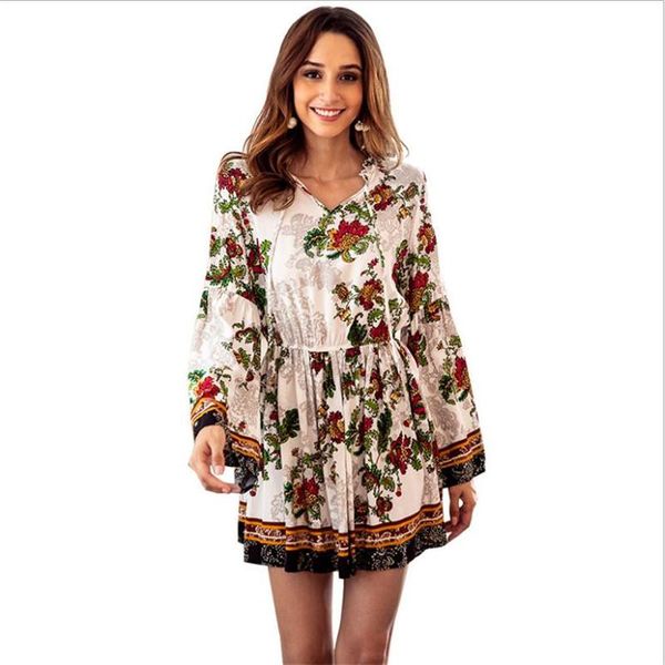

casual dresses 2021 women summer dress v neck boho mini maxi floral female chiffon party beach sundress mujerq1169, Black;gray