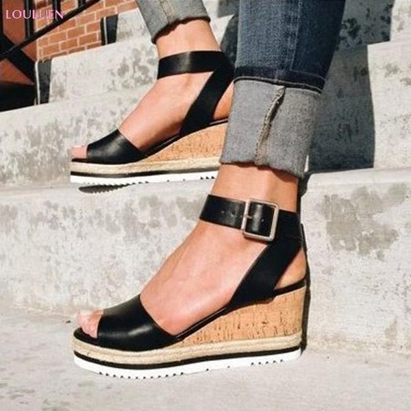 

sandals retro womens fashion open toe ankle platform wedges shoes roman character plus size 35- 43 drop #0501, Black