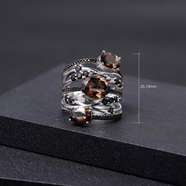 

cluster rings gem's ballet 925 sterling silver stackable finger ring anniversary jewelry 3.30ct natural smoky quartz gemstone for women, Golden;silver