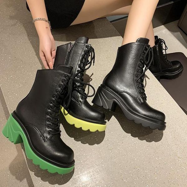 Stivali 2022 In Pelle Tacco Grosso Delle Donne Della Piattaforma Della Caviglia Breve Lace Up Zip Retro Ytmtloy Punta Rotonda Croce Legato Botines De Mujer