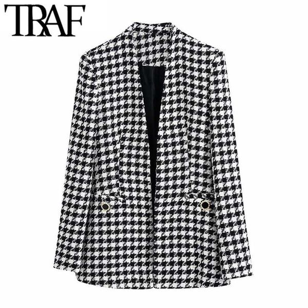 

traf women fashion tweed houndstooth blazer coat vintage long sleeve welt pockets female outerwear chic veste 211006, White;black