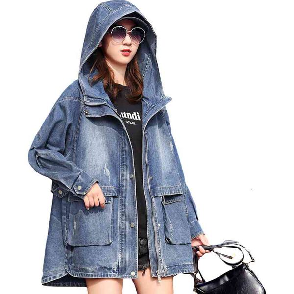 

women's jackets korean 2021 spring autumn loose denim jacket women hooded windbreaker long sleeve mid-length vintage jeans coat fe, Black;brown