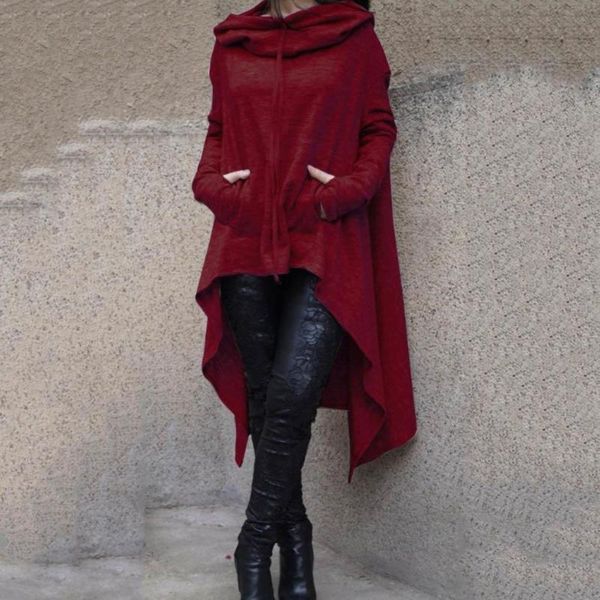 

women's hoodies & sweatshirts spring autumn women solid color asymmetric hem drawstring hooded sweatshirt loose poncho coat long sleev, Black