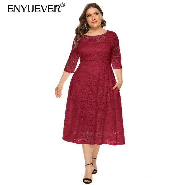 

casual dresses enyuever plus size lace formal dress women clothing 3/4 sleeve high waist midi swing elegant evening party with pockets, Black;gray