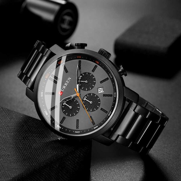 Curren Moda Casual Kuvars Saatler Erkek Spor Markalı Saatı Chronograph Paslanmaz Çelik Band Siyah Erkek Saat Q0524