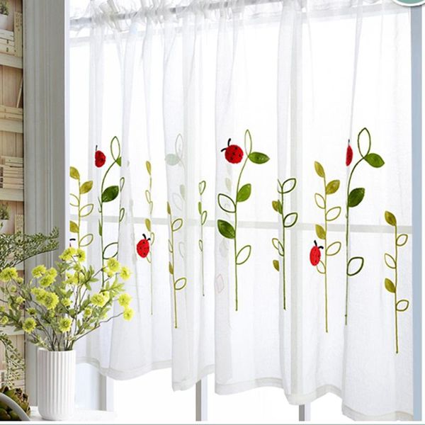 

rod pocket short curtains ladybird embroidered semi-sheer half cafe kitchen sliding door window drape wp121c curtain & drapes