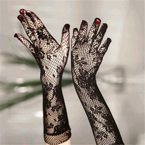 

fingerless gloves transparent solid color lace mesh elastic jacquard long sleeve decorative etiquette, Blue;gray