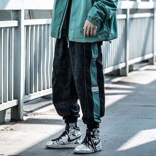 

men's pants patchwork hit block color men casual sweatpants hip hop overalls cargo harem joggers oversized harajuku sports trousers ebu, Black