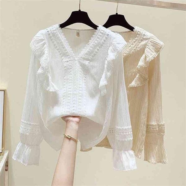 

plus size women's autumn style fat sister ruffled lace stitching western fashion shirt uk368 210507, White