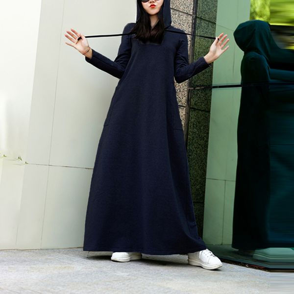 

20212021 zanzea women hooded dress pullover ladies maxi sweatshirt spring autumn long sleeve 5xl casual solid loose vestidos robe, Black;gray