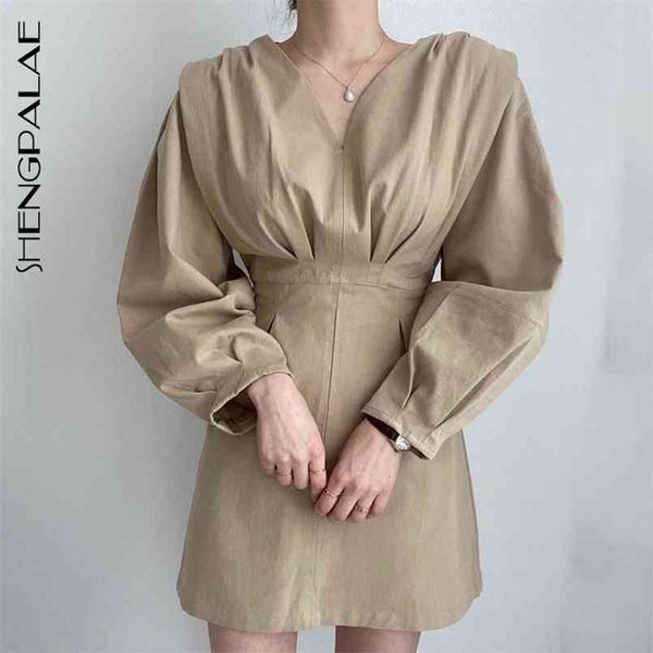 

minimalist dress women's summer v-neck loose waist thin lantern long sleeve mini dresses female za5399 210427, Black;gray