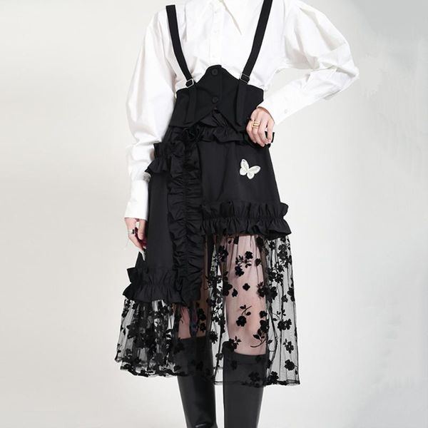

skirts high street skirt fashion loose casual irregular net yarn splicing perspective solid color tight waist, Black