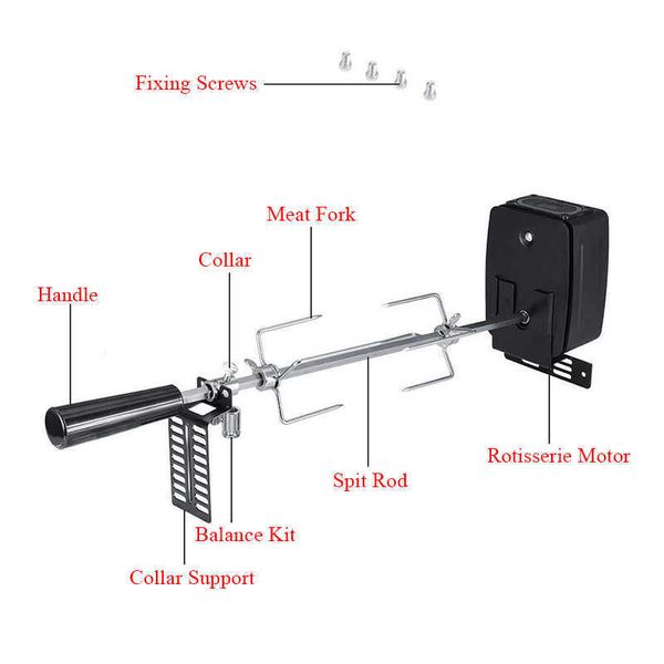 Barbecue automatico Grill Girarrosto Barbecue elettrico Motore Metallo Spiedo per esterni Roaster Rod Carbone Maiale Pollo Manzo Campeggio Utensili da cucina 210724