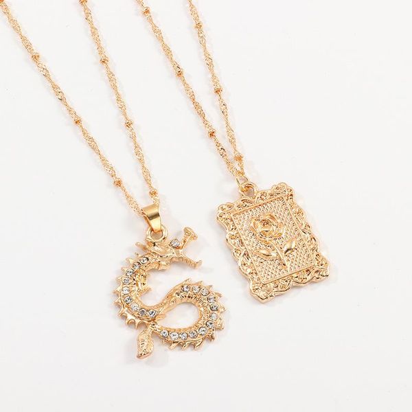 

chains vintage gold color chinese dragon pendant necklaces for women men retro fashion rose flower long necklace 2021 jewelry gift, Silver