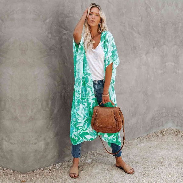 

green boho leaves print chiffon tunic plus size beachwear long kimono dress summer clothing for women beach cover up a819 210420, White;black