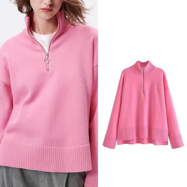 

women's sweaters autumn and winter 2021 zippered knitted sweater fashion stand-up collar solid color simple style long-sleeve top, White;black