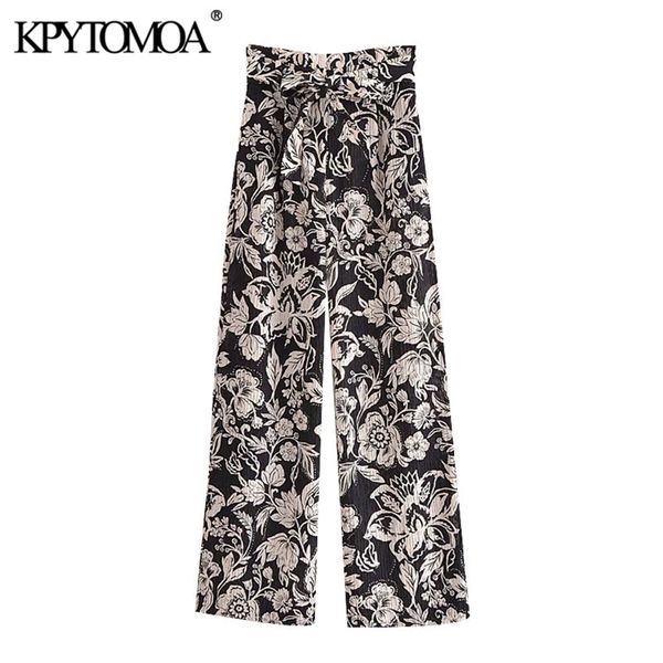 

women chic fashion with belt floral print straight pants high waist side pockets female trousers mujer 210420, Black;white
