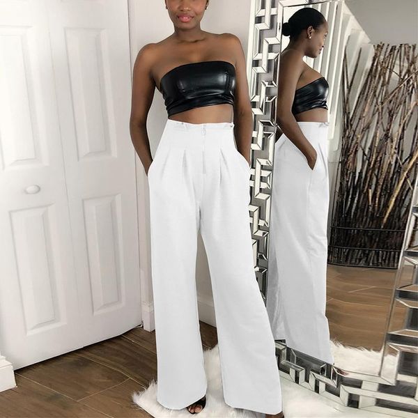 

women's pants & capris women chic solid color suit trousers high waist elegant pocket design ol offices loose long, Black;white